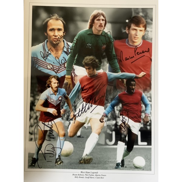 Clyde Best, Billy Bonds, Phil Parkes, Pop Robson, Geoff Hurst & Martin Peters 16x12 West Ham colour signed photo Clyde Best, Billy Bonds, Phil Parkes, Pop Robson, Geoff Hurst & Martin Peters 16x12 West Ham colour signed photo