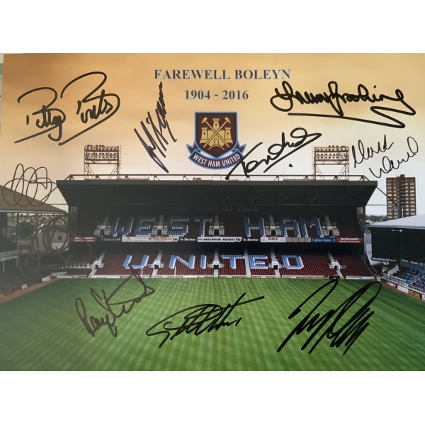 West Ham legends and heroes Farewell Boleyn including Billy Bonds , Sir Trevor Brooking and Julian Dicks 16x12 Signed photo West Ham legends and heroes Farewell Boleyn including Billy Bonds , Sir Trevor Brooking and Julian Dicks 16x12 Signed photo