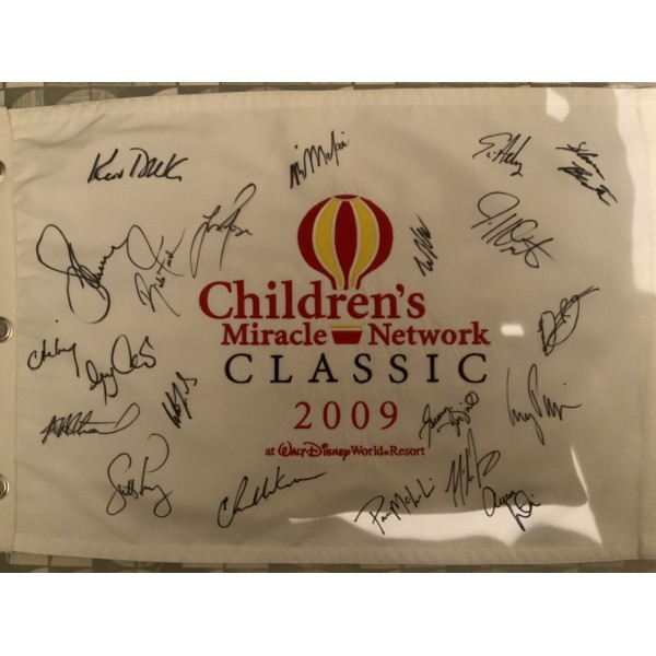 Children’s Miracle Network Challenge at Walt Disney 2009 Golf flag multi signed including Justin Rose and Rickie Fowler Children’s Miracle Network Challenge at Walt Disney 2009 Golf flag multi signed including Justin Rose and Rickie Fowler