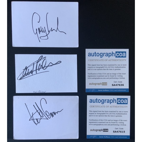 Emerson , Lake and Palmer signed white cards ACOA Emerson , Lake and Palmer signed white cards ACOA