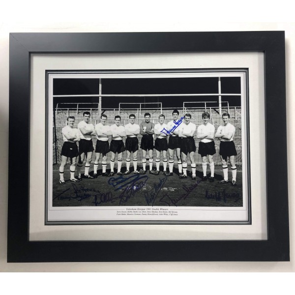 Tottenham 1961 FRAMED double winners photo signed by 8 of the main 11 black and white blue pen Tottenham 1961 FRAMED double winners photo signed by 8 of the main 11 black and white blue pen