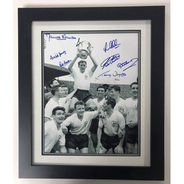 Tottenham 1961 FRAMED double winners photo signed by 7 of the main 11 black and white blue pen Tottenham 1961 FRAMED double winners photo signed by 7 of the main 11 black and white blue pen
