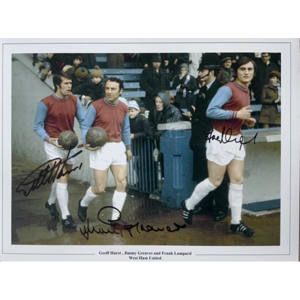 Geoff Hurst, Jimmy Greaves and Frank lampard senior signed 16x12 West Ham photo Geoff Hurst, Jimmy Greaves and Frank lampard senior signed 16x12 West Ham photo