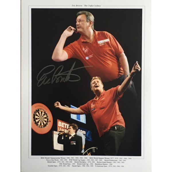 Eric Bristow signed 16x12 portrait montage photo silver pen Eric Bristow signed 16x12 portrait montage photo silver pen