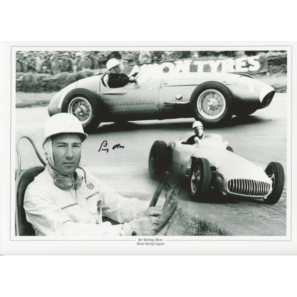 Stirling Moss signed 16x12 black and white montage photo Stirling Moss signed 16x12 black and white montage photo
